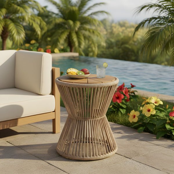 English Elm Outdoor Acacia Wood Top Side Table Woven Rope Iron Frame Hourglass Patio Accent Beige,Light Teak N770P354690L