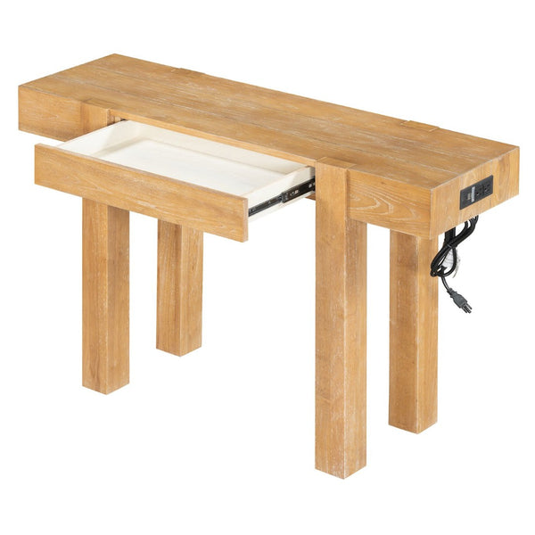 English Elm Trexm Ash Veneer Entryway Console Table Built in Power Outlet Drawer Rubberwood Natural N715P361518N