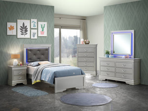 English Elm Lorana Twin Bed with Jeweled Tufted Headboard and LED Accents, Metallic Finish, Durable Wood Veneer Silver 85 L x 4 W x 8 H B078S00589