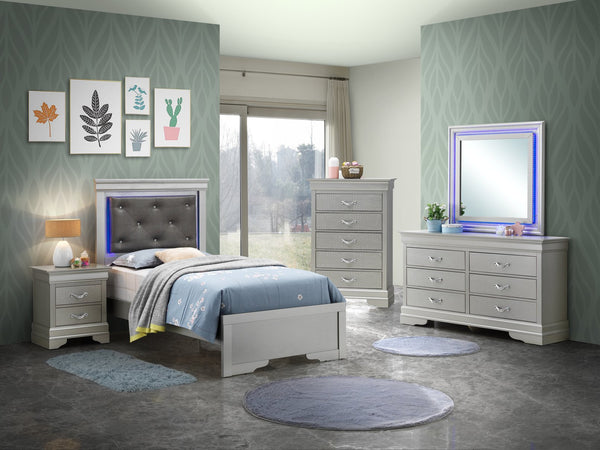English Elm Lorana Twin Bed with Jeweled Tufted Headboard and LED Accents, Metallic Finish, Durable Wood Veneer Silver 85 L x 4 W x 8 H B078S00589