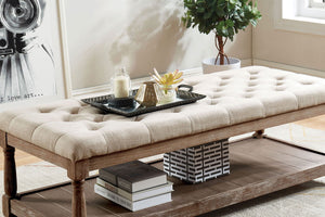 English Elm Rustic Bench with Button-Tufted Cushion, Spacious Open Lower Shelf for Storage and Entryway Use Beige 57 L x 25 W x 9 H B2741P345173