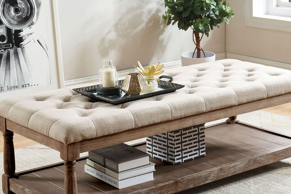 English Elm Rustic Bench with Button-Tufted Cushion, Spacious Open Lower Shelf for Storage and Entryway Use Beige 57 L x 25 W x 9 H B2741P345173