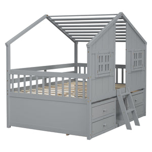 English Elm Full Size House Loft Bed With Roof & Windows, 4 Storage Drawers, Safe Pine Frame In Grey Finish W504S00241