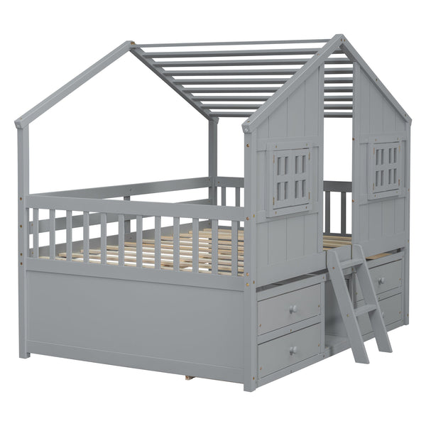 English Elm Full Size House Loft Bed With Roof & Windows, 4 Storage Drawers, Safe Pine Frame In Grey Finish W504S00241