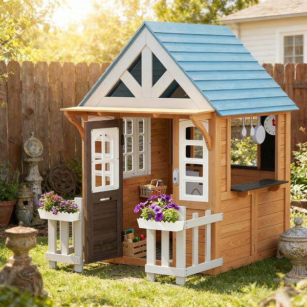 English Elm Garden Fir Wood Kids Playhouse with Toy Kitchen Chalkboard and Birdhouse Outdoors T3971P491771