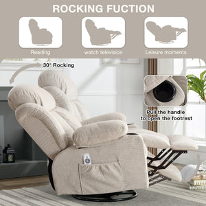 English Elm Swinging Velvet Recliner Chair with Massage Heat Usb Port and 360 Swivel Lounge Seat Beige W1807P298192