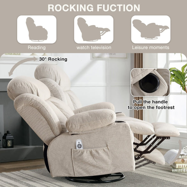 English Elm Swinging Velvet Recliner Chair with Massage Heat Usb Port and 360 Swivel Lounge Seat Beige W1807P298192