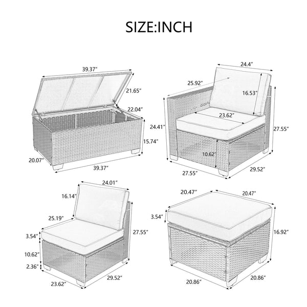 English Elm 10 PE Rattan Patio Furniture Set - 10-Piece Sectional Sofa with Dark Blue Cushions & Glass Storage Table Brown Multi W1703S00046