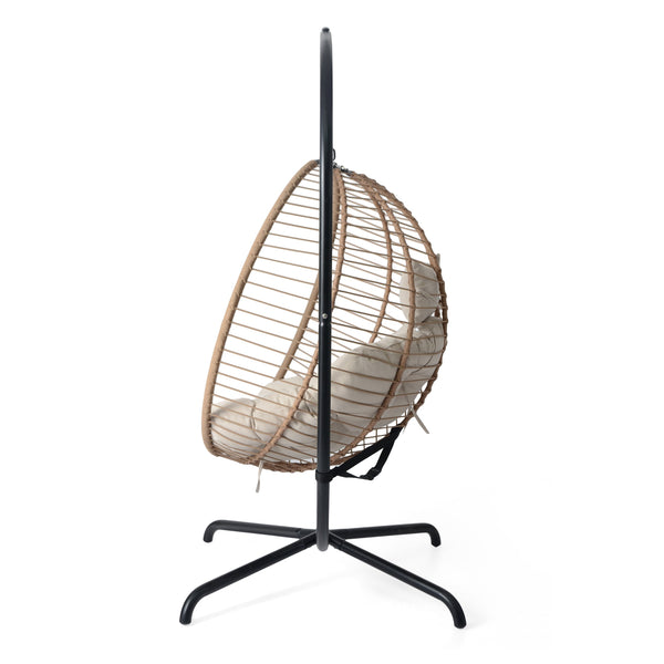 English Elm Christopher Knight Home® - Sora Beige-Brown Wicker Hanging Chair with Stand — Durable PE Rattan, Iron Frame, Plush Fade-Resist Cushion N775P225487B