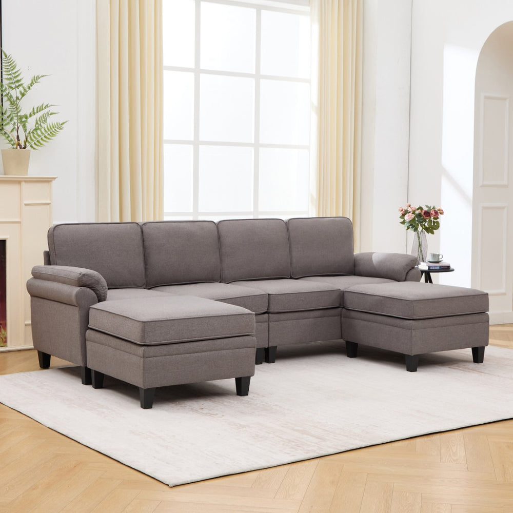 English Elm 102 Inch Linen Modular Sectional Sofa with Hidden Storage and Cloud Cushion Comfort Dark Gray W1099S00209
