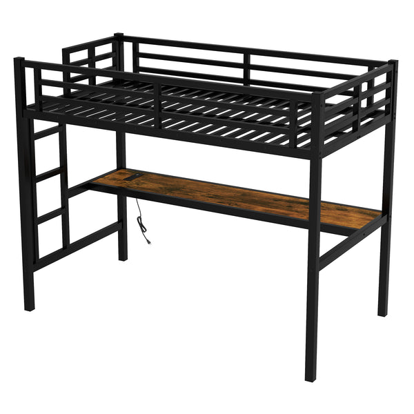 English Elm Metal Twin Xl Loft Bed With Built-In Desk, Power Outlet & Led Lights - Space-Saving Design! W1580P368410
