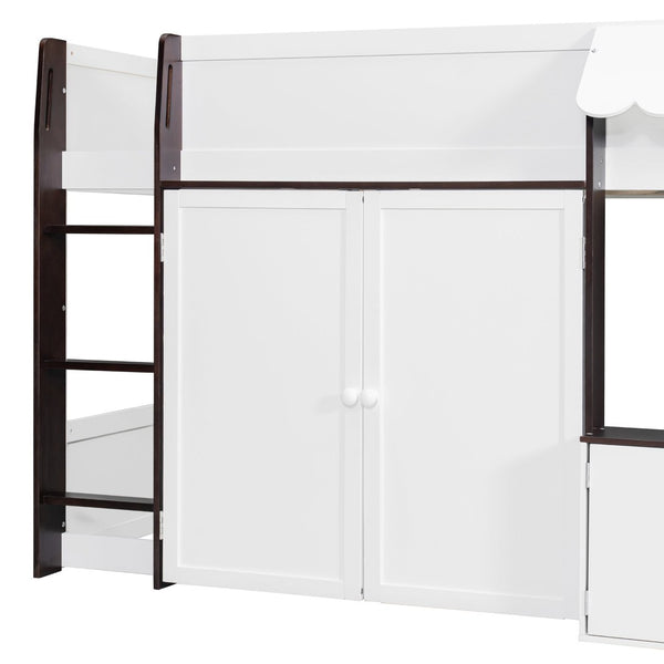 English Elm Twin House Loft Bed with Pull Out Rolling Desk Stair Drawers and Cabinet Storage Espresso+White N820S00074P