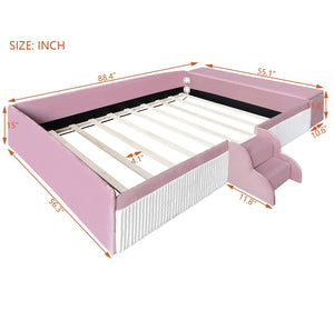 English Elm Full Size Kids Velvet Platform Daybed with Storage Ottoman Staircase Padded Rails Pink+White SF000202AAH