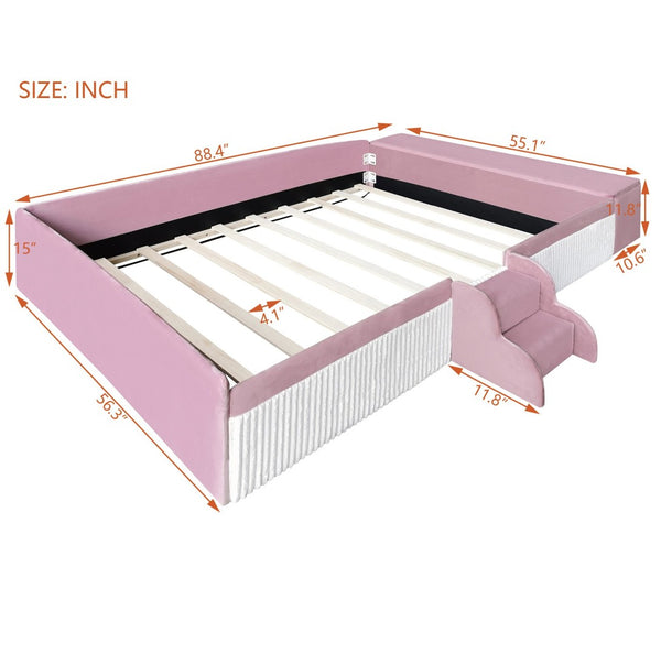 English Elm Full Size Kids Velvet Platform Daybed with Storage Ottoman Staircase Padded Rails Pink+White SF000202AAH