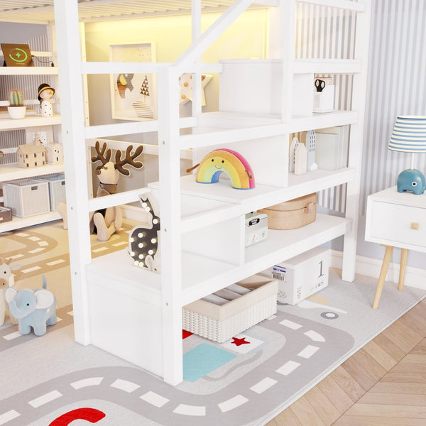 English Elm Full Metal Loft Bed with Stair Storage Rgb Lighting and Charging Station for Teens White W2580S00075