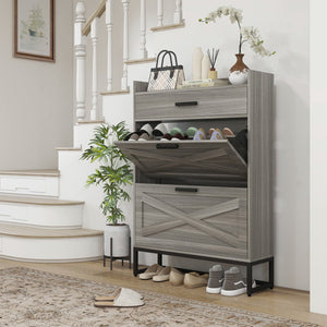 English Elm HOMCOM Industrial Narrow Shoe Cabinet with 2 Flip Drawers, Adjustable Shelves & Top Drawer for Entryway Organization and Hidden Storage Gray W2225P229448