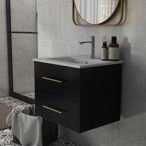 English Elm 24-Inch Wall-Mounted Bathroom Vanity With Ceramic Sink, Gold Handles & Double Drawers For Small Spaces W3151S00036