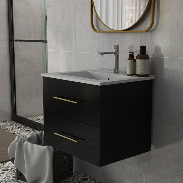 English Elm 24-Inch Wall-Mounted Bathroom Vanity With Ceramic Sink, Gold Handles & Double Drawers For Small Spaces W3151S00036