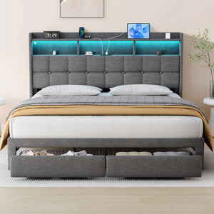 English Elm King LED Upholstered Bed Frame with Storage Headboard, 2 Drawers, Fast Charging Ports & Mood Lights W1550P190366
