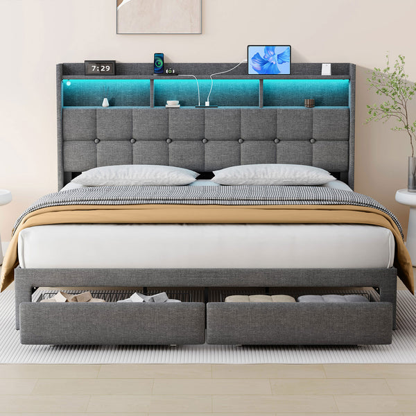 English Elm King LED Upholstered Bed Frame with Storage Headboard, 2 Drawers, Fast Charging Ports & Mood Lights W1550P190366