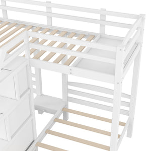 English Elm Twin Triple Bunk Bed Pine Frame with Staircase Storage Drawers for Kids Rooms GX000309AAK