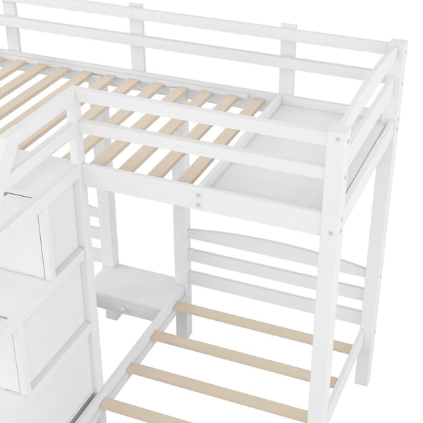 English Elm Twin Triple Bunk Bed Pine Frame with Staircase Storage Drawers for Kids Rooms GX000309AAK