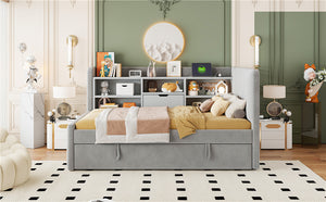 English Elm Twin Upholstered Daybed with Pull-Up Trundle, Velvet High Back with Shelves, Flip Storage & USB Gray SF000194AAE