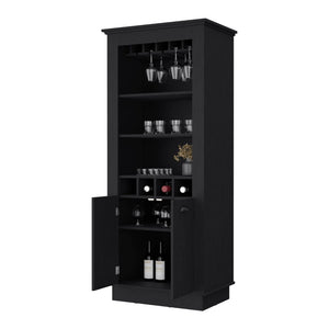 English Elm Hampton Tall Bar Cabinet with Wine Rack Glass Holder and Enclosed Storage Shelves B128S00226