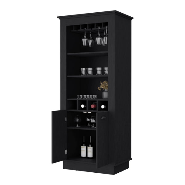 English Elm Hampton Tall Bar Cabinet with Wine Rack Glass Holder and Enclosed Storage Shelves B128S00226