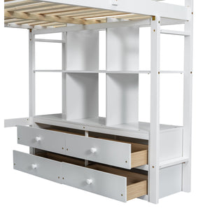 English Elm Full Loft Bed with Built-in Desk, 4 Drawers, 6 Shelves, Pine/MDF White — Space-Saving Study Loft SM000320AAK