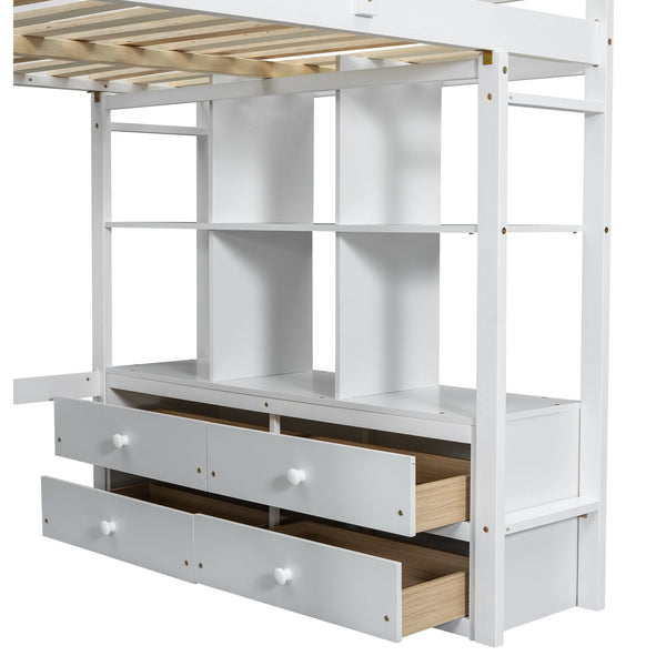 English Elm Full Loft Bed with Built-in Desk, 4 Drawers, 6 Shelves, Pine/MDF White — Space-Saving Study Loft SM000320AAK