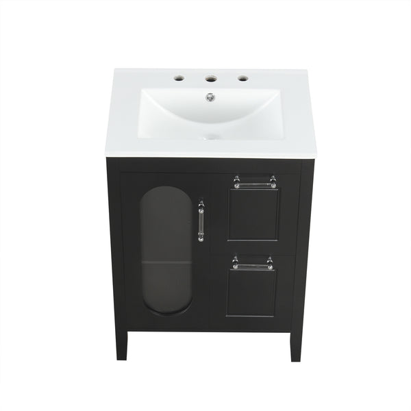 English Elm 24" Modern Bathroom Vanity with Ceramic Sink, Solid Wood & MDF Cabinet, Two Drawers, Shelf Black N725P245273B