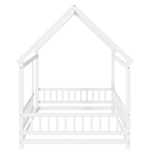 English Elm Full Size House Floor Bed With Roof Frame & Safety Guardrails - Cozy, Imaginative Retreat For Kids W504P286408