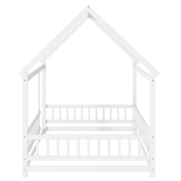 English Elm Full Size House Floor Bed With Roof Frame & Safety Guardrails - Cozy, Imaginative Retreat For Kids W504P286408