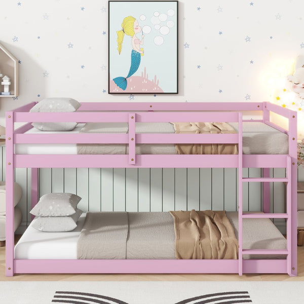 English Elm Solid Rubberwood Twin Over Twin Floor Bunk Bed - Sturdy, Stylish Pink Design With Ladder & Slats W504P191672-GIGA