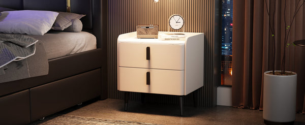 English Elm Nightstand with Marble-Pattern Top and Raised Guard, 2 Drawers for Organized Stylish Bedroom Decor White 23.4 L x 18.5 W x 9.06 H N733P332142K