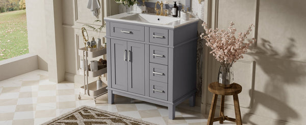 English Elm 30" Freestanding Bathroom Vanity Ceramic Sink Soft Close Cabinet Gray Wood Frame Grey N729P427118E