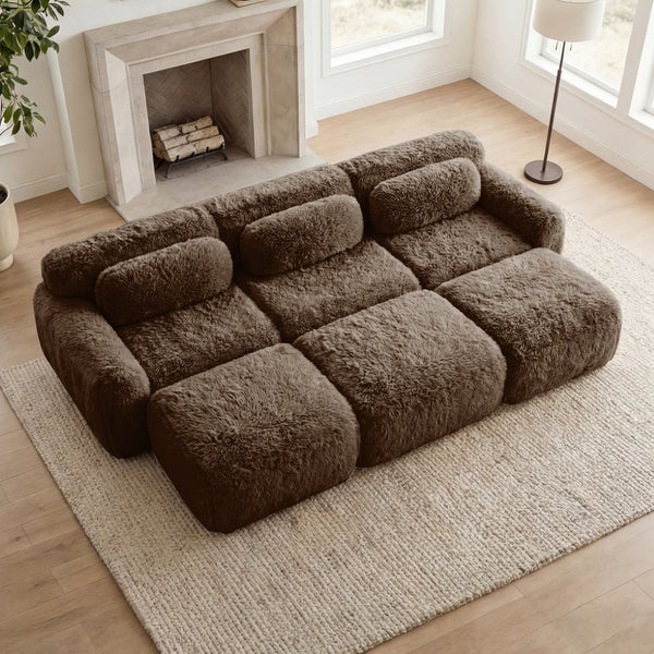 English Elm 3-seater Curved Modular Sectional Plush Upholstered Sofa with Linkable Ottoman for Living Rooms Chocolate W714S01543