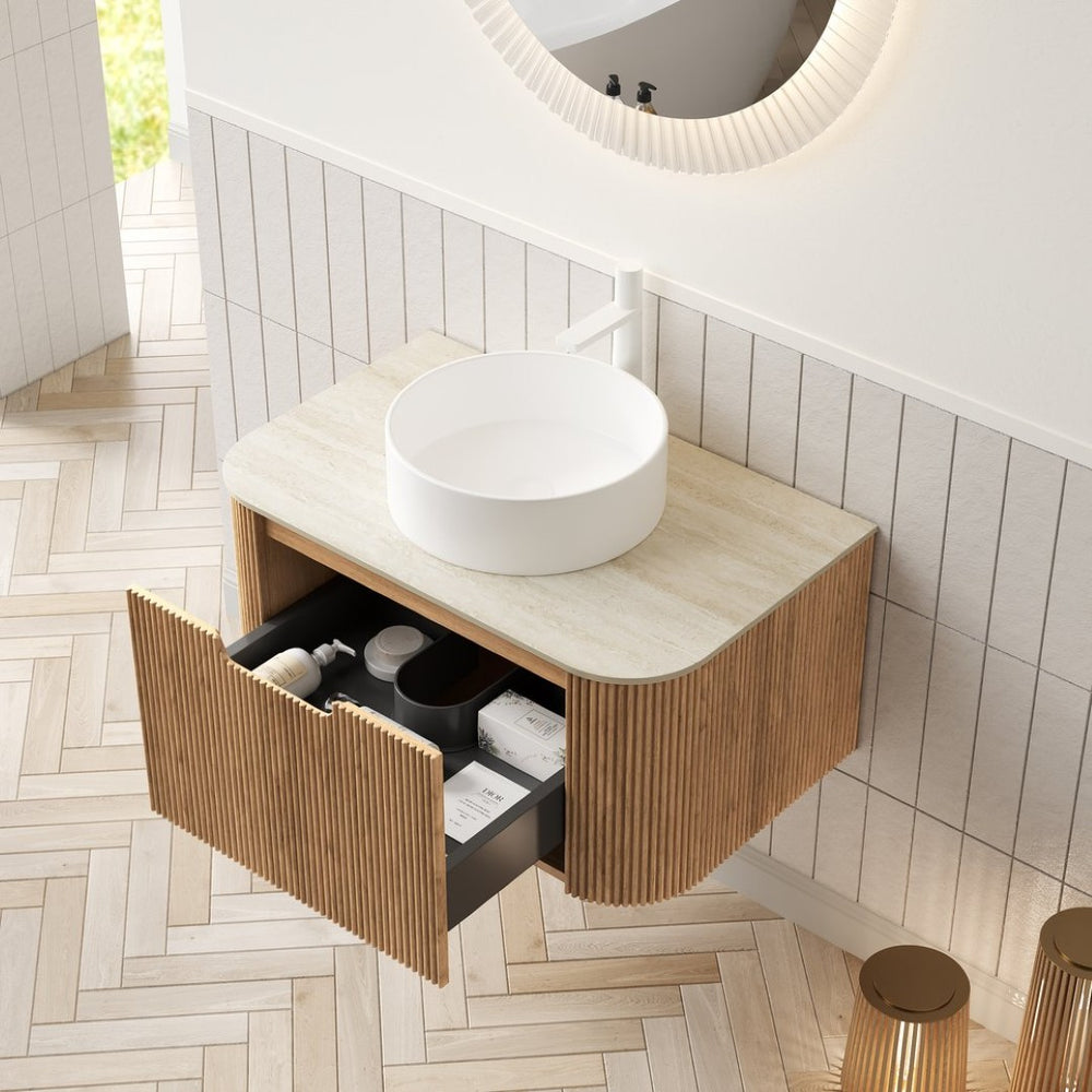 English Elm Muri Floating Bathroom Vanity Plywood Cabinet Sintered Stone Top Oak Drawer Beige,Natural Wood,White W2615S00340