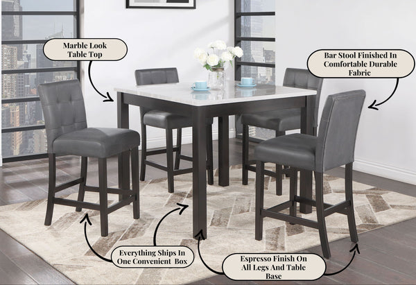 English Elm LEON Espresso & White Bar Table with 4 Transitional Bar Stools, Solid Wood/MDF, 26" Seat Height, Tufted Back B201P226138
