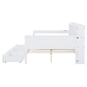 English Elm Full Size Wooden Daybed With Integrated Desk, Usb Ports, 3 Drawers & Modern White Finish N820S00018K
