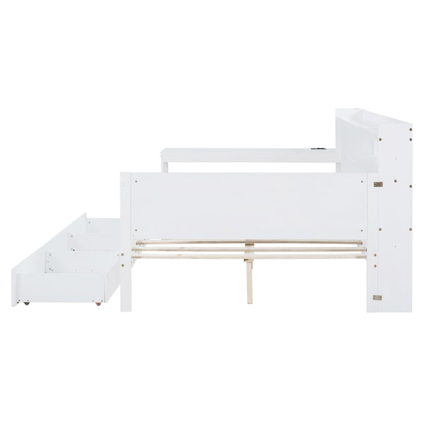 English Elm Full Size Wooden Daybed With Integrated Desk, Usb Ports, 3 Drawers & Modern White Finish N820S00018K