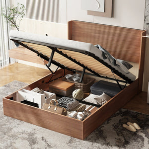 English Elm Large Queen Walnut Storage Bed Frame with Hydraulic Lift, Rustic Slatted Wood Design, Sturdy Iron Support and Quiet No-Spring Operation W1858P307153