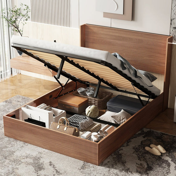 English Elm Large Queen Walnut Storage Bed Frame with Hydraulic Lift, Rustic Slatted Wood Design, Sturdy Iron Support and Quiet No-Spring Operation W1858P307153