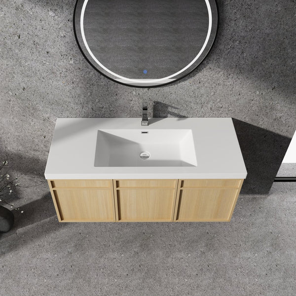 English Elm 48" 54.3" Wall-Mounted Bathroom Vanity with Resin Sink, Original Oak Finish, 3 Soft-Closing Doors, Plywood Construction W1972P315216