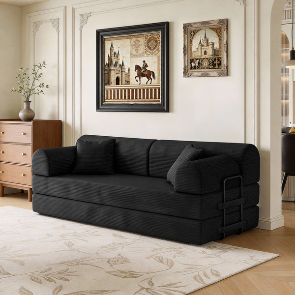 English Elm Convertible Corduroy Floor Sofa Folds Flat as Sleeper Daybed for Studio Living Black W5532P438769