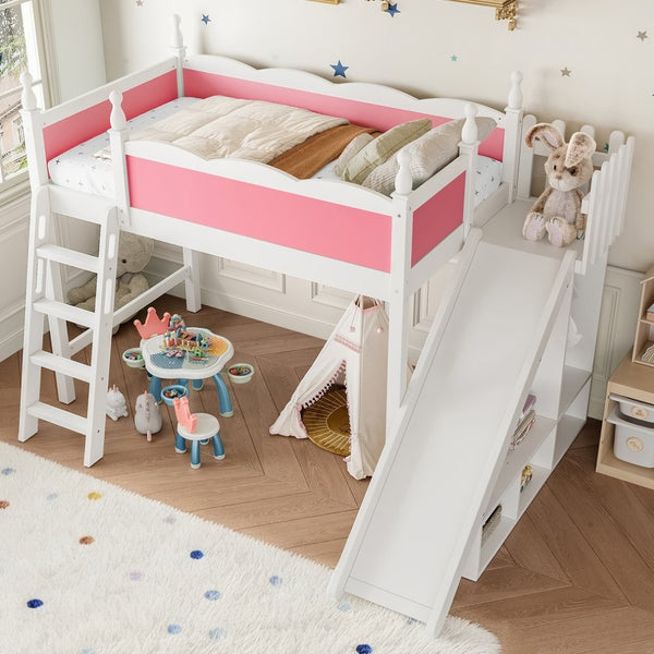 English Elm Twin Loft Bed Solid Pine Frame with Wardrobe Shelving Detachable Slide Kids Room Pink+White W5305S00016