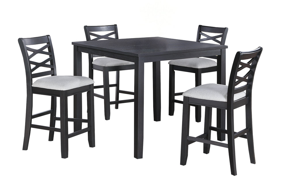 English Elm 5-Piece Counter Height Dining Set Charcoal Finish with Upholstered X-Back Chairs, Square Table B089P389532
