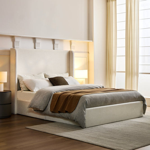English Elm Carmen Upholstered Wingback Bed Frame 52.3" Headboard — Textured Ivory Chenille, Minimalist Chic, No-Noise (King) B083P337909
