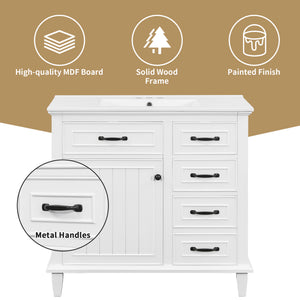 English Elm 36 Inch Bathroom Vanity - Modern Ceramic Sink, Solid Wood Frame, Adjustable Storage & Soft-Close Doors N725P336554K